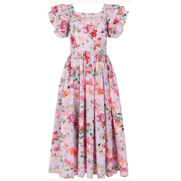JessaKae Dresses & Skirts - JessaKae Floral Ruffle Sleeve Midi Dress Pink Watercolor Square Neck XXS